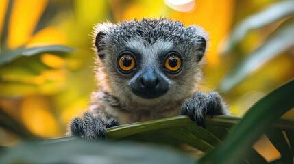 Cute baby saki monkey holding on branch looking at camera