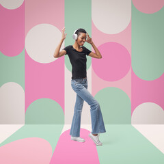 Happy woman dancing and retro geometric background