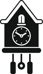 Cuckoo clock icon showing time, isolated on a white background in a simple black and white minimalist design