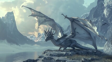 A majestic white dragon stands guard on a snowy mountain peak.