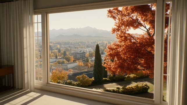 A large window reveals a breathtaking autumn landscape, featuring colorful trees and distant mountains bathed in warm, golden afternoon sunlight