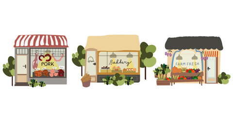 Farmers market flat background. Natural farm food. City shopping building illustrations set. Cute bakery shop with flat characters, vegetable shop and butcher shop