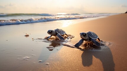 Obraz premium Cute Baby Sea Turtles on a Sandy Beach | Golden Hour Photography of Marine Wildlife