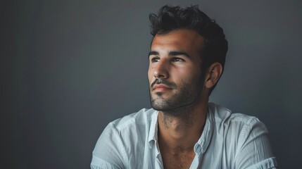 Obraz premium A man with a beard wearing a white shirt looks to the side.