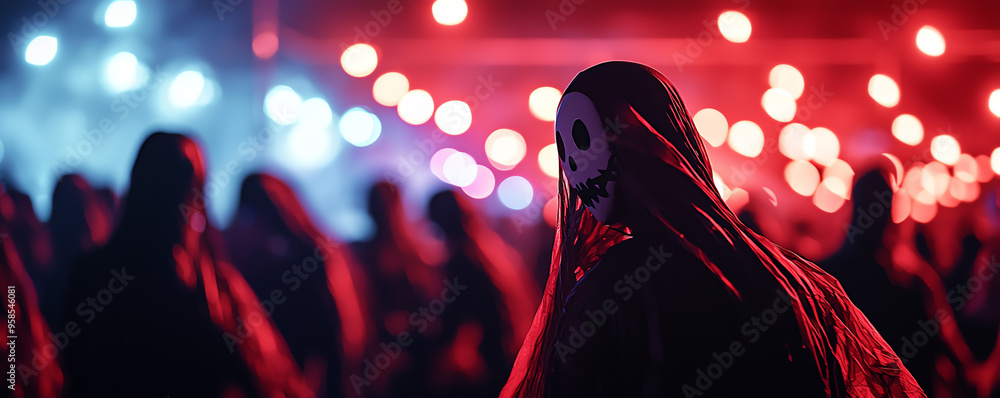 Poster a mysterious figure in a mask blends into a vibrant crowd illuminated by colorful lights, creating a