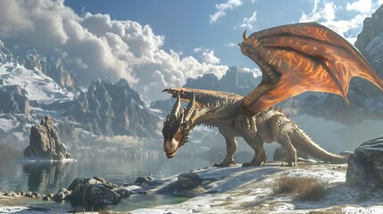 Obraz premium A mighty dragon stands by a lake in a snowy mountain range.