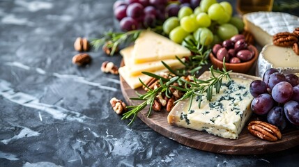Artisanal Cheese Platter with Grapes Nuts and Contrasting Textures for Gourmet Snacking