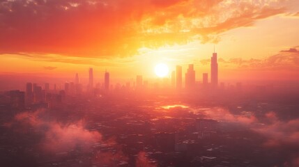 A glowing sun sets over a sprawling city skyline, casting vibrant orange and red hues across the sky, creating a stunning, atmospheric scene.