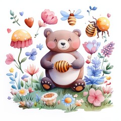 Fototapeta premium A cute bear happily holding honey in a colorful floral garden filled with flowers, bees, and mushrooms.