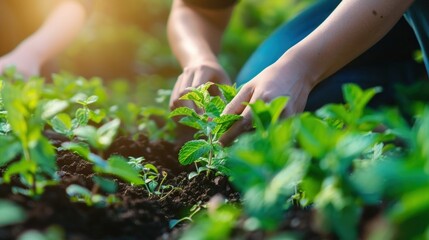 People plant cabbage flowers in a beautiful garden.