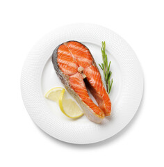 Tasty grilled salmon steak and rosemary isolated on white, top view