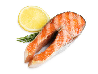 Tasty grilled salmon steak, lemon and rosemary isolated on white