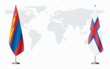 Mongolia and Faroe Islands flags for official meeting against background of world map.