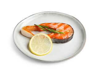 Tasty grilled salmon steak, lemon and rosemary isolated on white