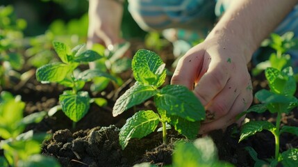 People plant cabbage flowers in a beautiful garden.