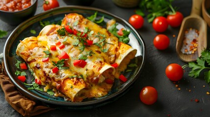 Mouthwatering Cheese Enchiladas with Spicy Sauce and Vibrant Toppings Mexican Cuisine Delight