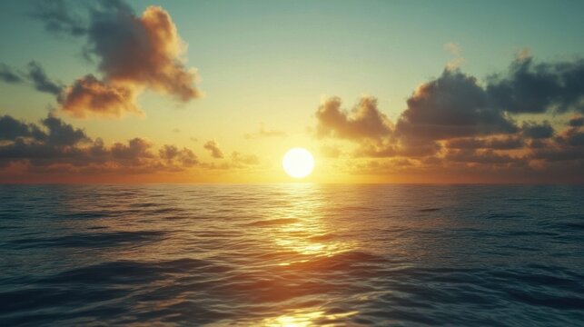 The sun sets over the calm ocean, casting golden light across the sky and water under scattered clouds.