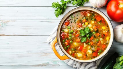 A vibrant vegetable soup filled with fresh ingredients and herbs. Perfect for a healthy meal or cozy dinner.