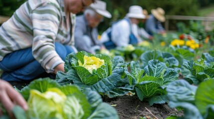 People plant cabbage flowers in a beautiful garden.