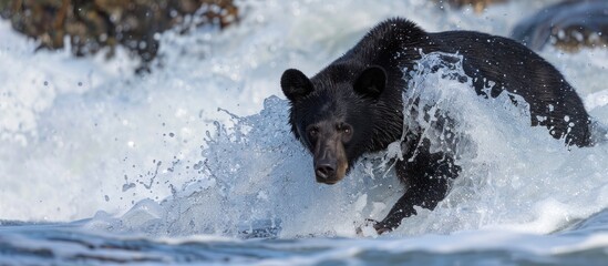 Naklejka premium Black Bear Fishing for Salmon
