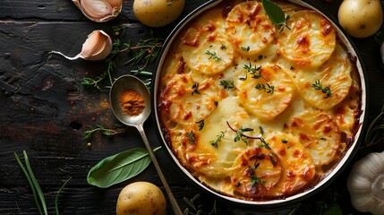 Comforting Cheesy Scalloped Potatoes Dish with Creamy Layers and Rustic Wooden Background