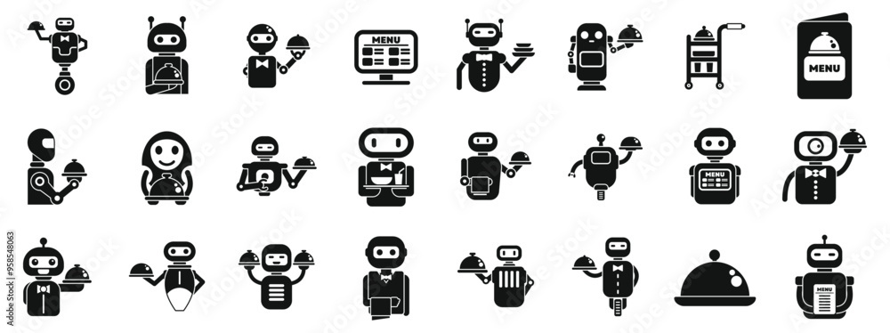 Poster robot waiter icons set. robot food delivery service icons set in simple style. restaurant chatbot ic