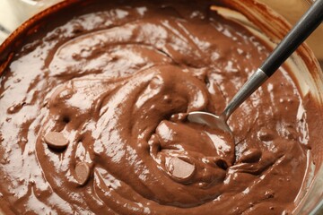 Melting chocolate chips for dough in bowl, closeup