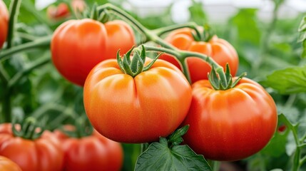 Fresh, ripe tomatoes growing on a vine in a vibrant garden, showcasing their rich color and healthy leaves.