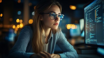 Young woman working late at night on programming tasks in a modern office with glowing computer screens