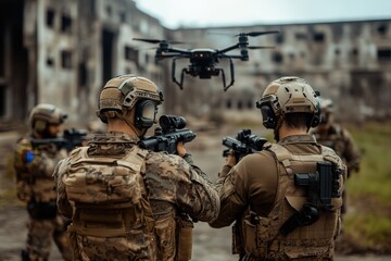 Obraz premium Group of uniformed military personnel using advanced technology and drones for reconnaissance in a war-torn urban setting, showcasing modern warfare techniques.