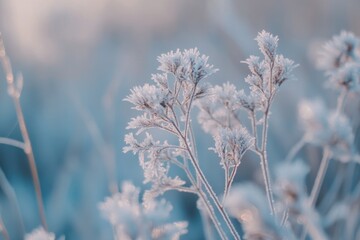 Macro winter close up of hoarfrost on plants.
