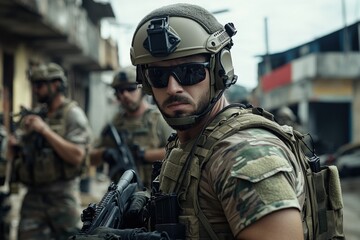 Soldier equipped with camouflage tactical gear, patrolling a heavily damaged street alongside fellow soldiers, ready for any potential threats in this conflict zone.