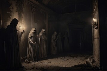 Naklejka premium Mysterious hooded figures in dark candlelit stone corridor