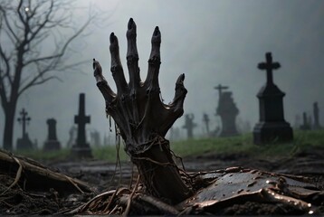 Eerie zombie hand emerging dramatically from foggy graveyard

