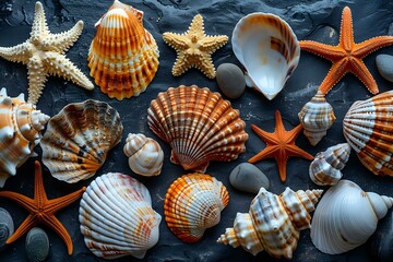 Collection of seashells and starfish on a dark background, showcasing natural coastal beauty and marine life diversity. Ideal for beach, vacation, and ocean-themed designs.