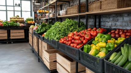 Fototapeta premium Vibrant assortment of fresh vegetables displayed in a market setting, showcasing healthy food options in a rustic environment.