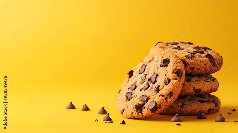 Wall mural chocolate chip cookies stacked on yellow background