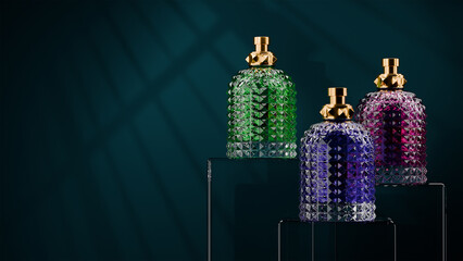 Front view expensive perfume as a present on the dark background