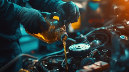 Precision Auto Care: Close-up of Mechanic Pouring Oil into Engine at Repair Shop. Promoting Regular Maintenance, Safe Driving, and Cultural Inclusivity in Automotive Services. Abstract Marketing Visua