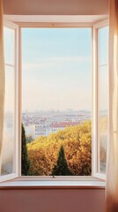 A large window reveals a breathtaking autumn landscape, featuring colorful trees and distant mountains bathed in warm, golden afternoon sunlight