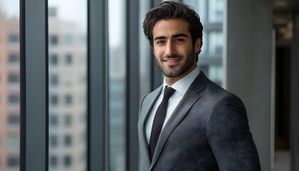 Portrait of a Man in a Suit, Smiling, Standing in an Office Building