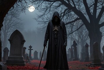 Eerie hooded figure looming in foggy cemetery beneath full moon

