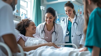 Obraz premium A family gathered around a patient’s hospital bed, providing emotional support during the recovery process, with healthcare professionals in the background. 