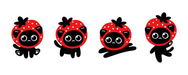 Black cat illustration set. Vector black cat with strawberry hat.