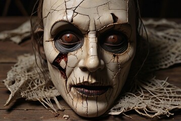 Chilling doll face mask with haunting expression against dark background

