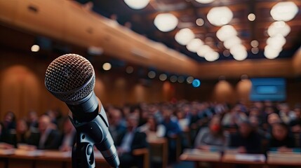 Show an image of a confident speaker delivering a compelling presentation to a room of attentive colleagues, inspiring them with visionary insights.