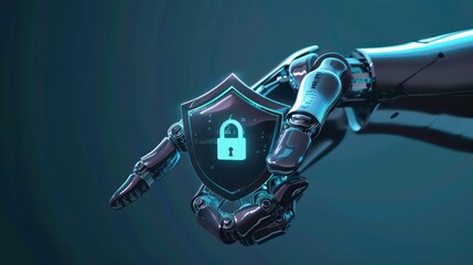 A robotic hand holding a shield with a glowing padlock symbol, representing digital security.