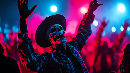 A vibrant scene featuring a skeleton in a hat amidst colorful lights, capturing the energy and excitement of a lively celebration.