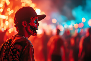 A vibrant scene with a person in a skull mask amid a colorful festival, emitting a lively festive atmosphere.