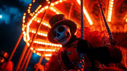 A vibrant scene of a skeleton performer in a colorful costume, illuminated by glowing carnival lights at dusk.